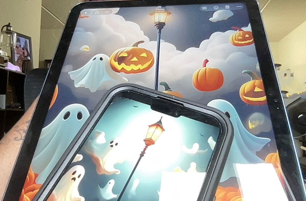 Ghosts Pumpkins and Lamps Ai Phone Tablet Wallpaper Bundle of 3